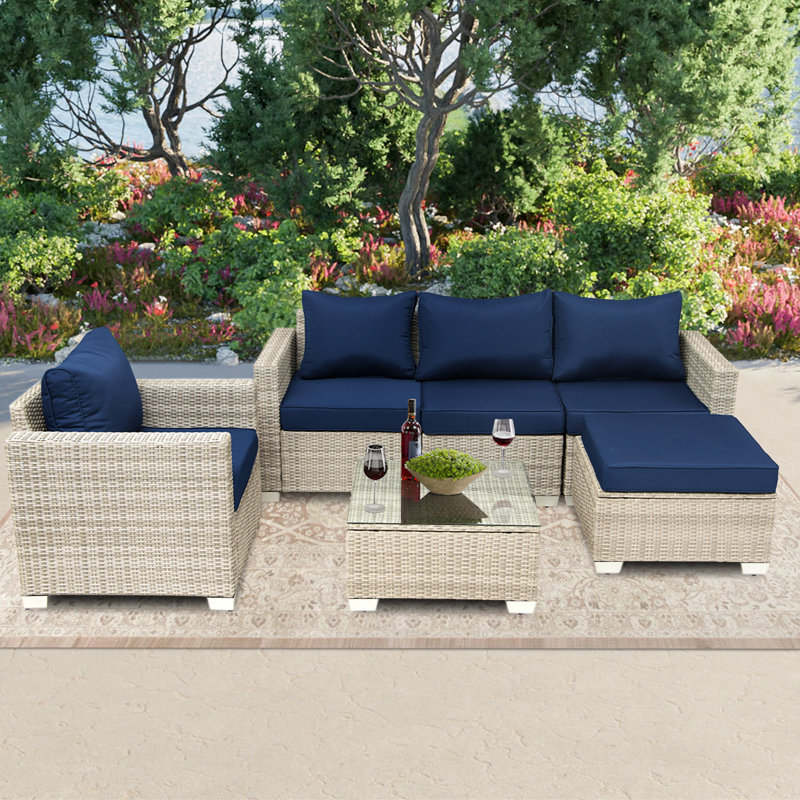 Canapé d'extérieur en osier Amayia, Bleu marine, Beige