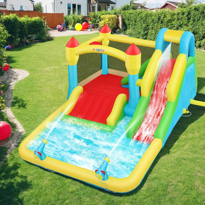 15.6' X 11' Giant Inflatable Water Slide Bounce House With Air Blower, Pool, Sprayers For Backyard Play