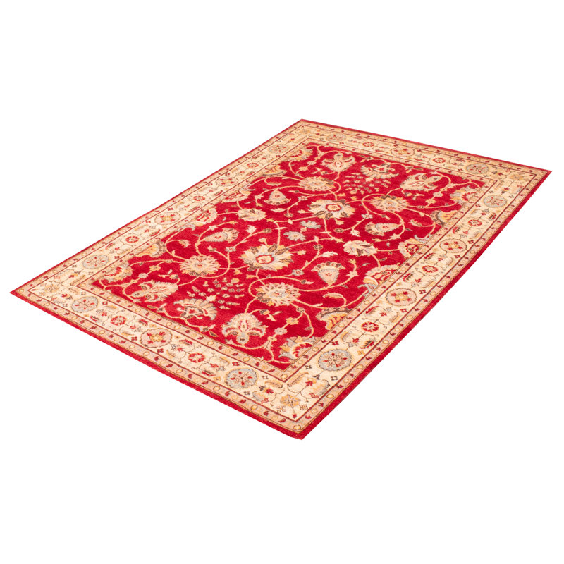 Tapis rouge foncé en laine noué à la main de conception unique 6 pi 1 po x 9 pi 1 po Yuri