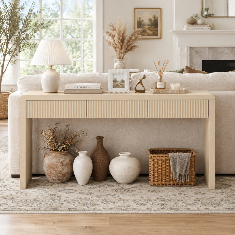 Console de 134 cm (52,9 po) avec 3 tiroirs cannelés, style rustique, avec bords arrondis et pieds réglables, idéale pour le salon ou le corridor, couleur blanc cassé.
