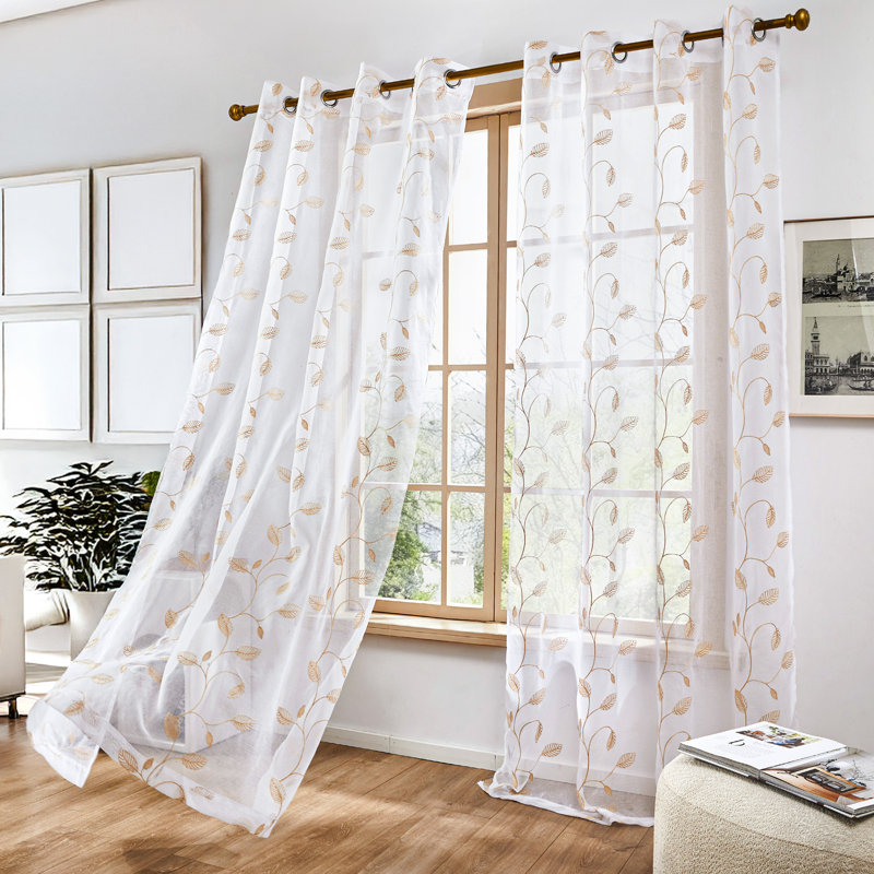 Embroidered Leaf Farmhouse Sheer Curtains (Set of 2), 52" W x 96" L
