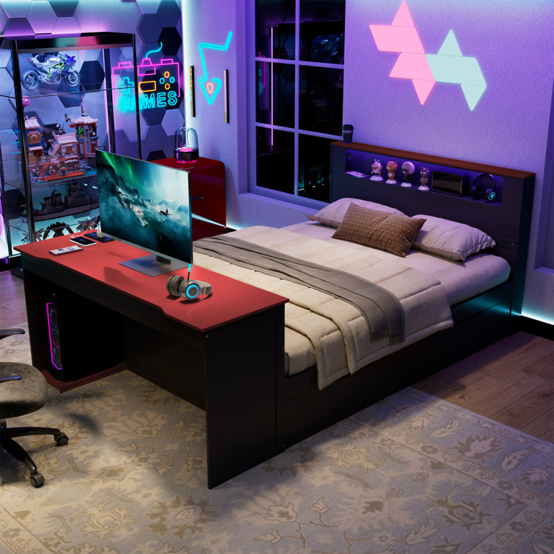 Full Size Wood Daybed With Twin Size Trundle,Desk,LED Light And USB, Black/Red