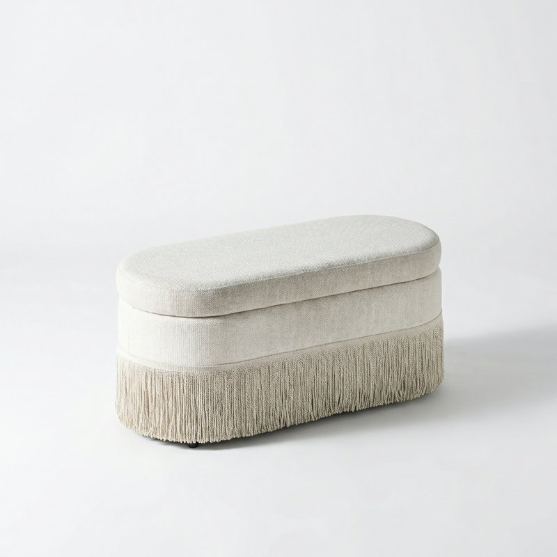Oval Upholstered Storage Ottoman with Fringe Trim and Lift-Top Lid for Multi-Functional Use in Living Room or Bedroom, Beige