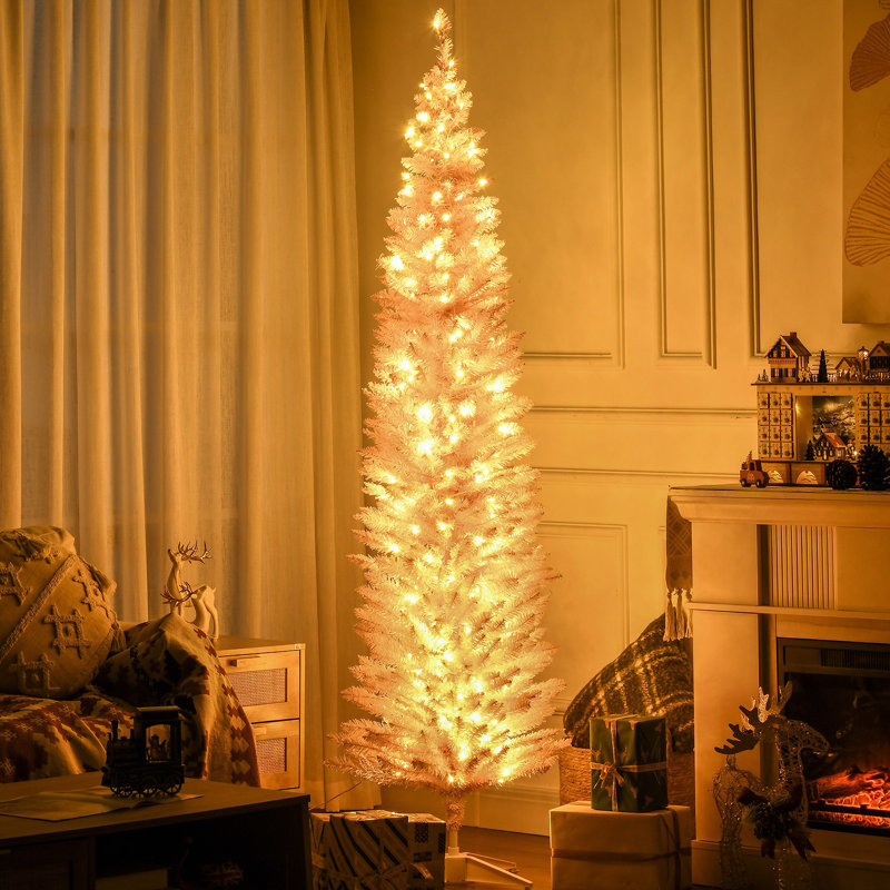 Sapin de Noël artificiel mince de 7 pi de hauteur avec 200 lumières DEL blanc chaud et 499 pointes pour la décoration de Noël