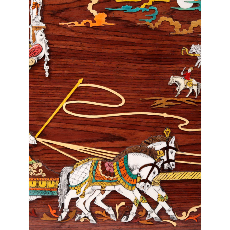 Grand Mahabharata War 3D Wood Inlay Wall Art with Geeta Updesh, 48-Inch for Spiritual Home Decor