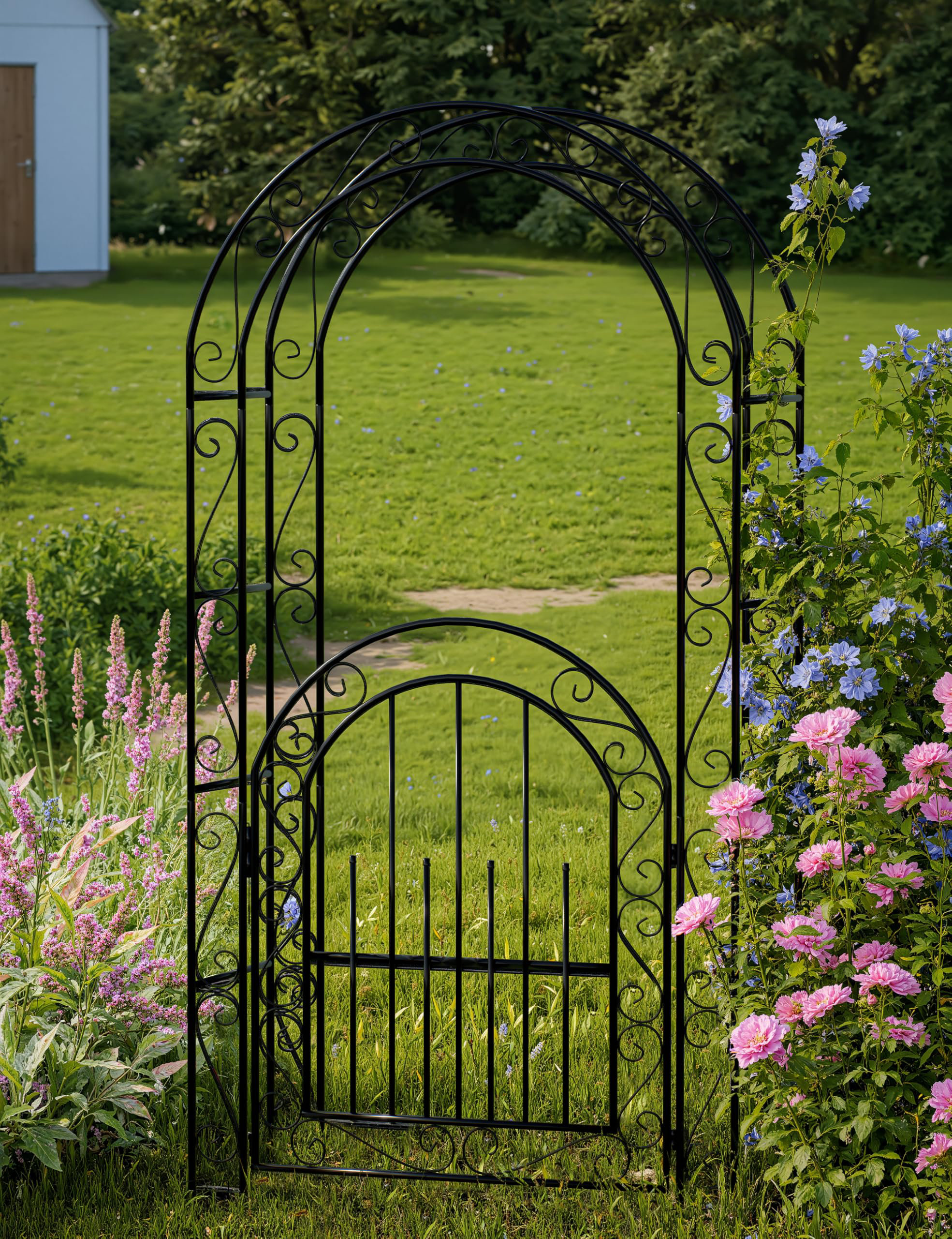 OUTGOODS Heavy Duty 8FT Metal Garden Arch Trellis with Gate, Weather ...