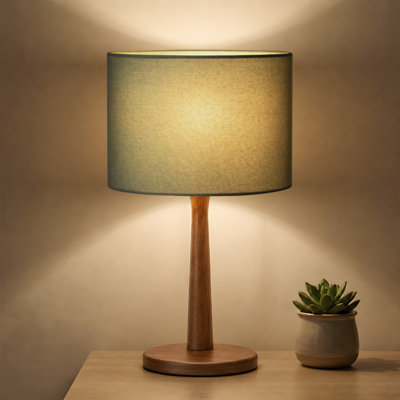 16.3" H Solid Wood Table Lamp with 9.8" Linen Shade, Dimmable LED Light, Adjustable Color Temperature, E26 Socket, UL Listed