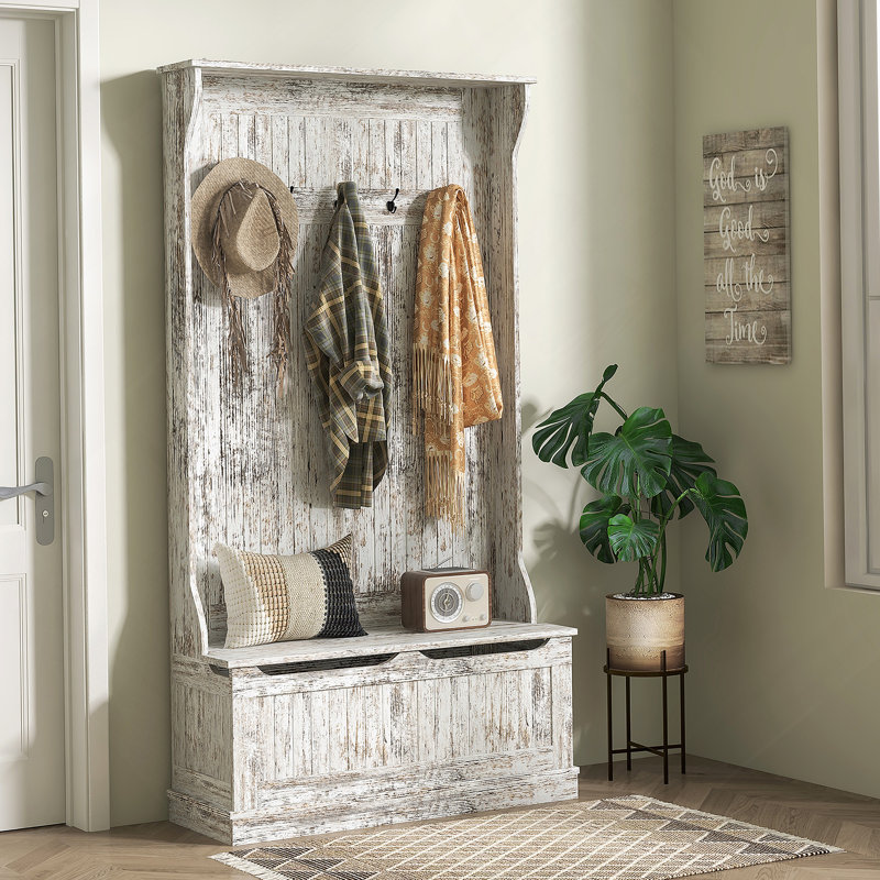 3-In-1 Entryway Hall Tree with Storage Bench, Coat Rack with Five Hooks and Shoe Storage, Distressed White