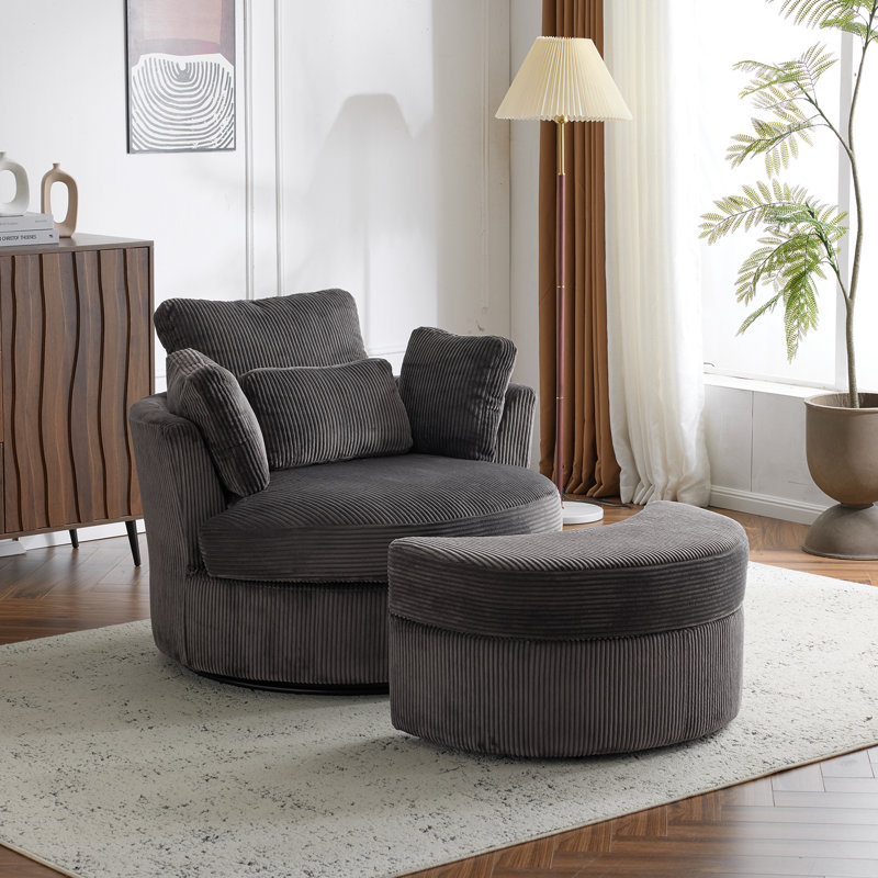 Corduroy Upholstered Swivel Chair With Ottoman, Gray Velvet