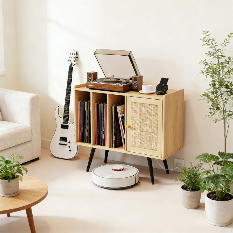 Record Player Stand With Charging Station, Turntable Stand & End Side Table, Rattan Door & Shelves Vinyl Record Storage Cabinet (Holds 220 Albums) With Metal Legs For Living Room Bedroom