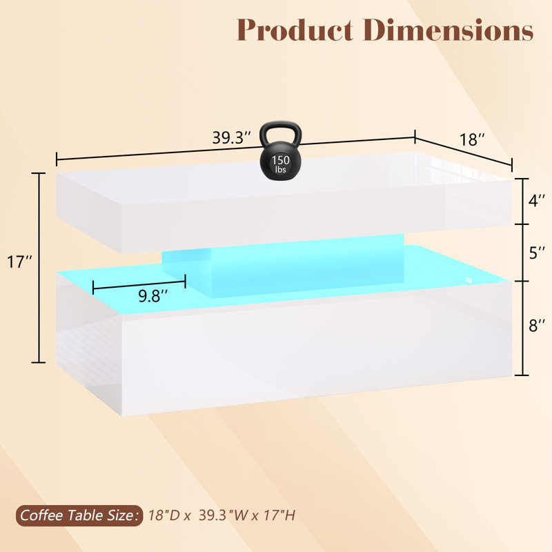 Table basse avec lumière DEL, table centrale moderne à finition ultrabrillante avec espace de rangement à 2 niveaux, table basse minimaliste pour le salon, le bureau