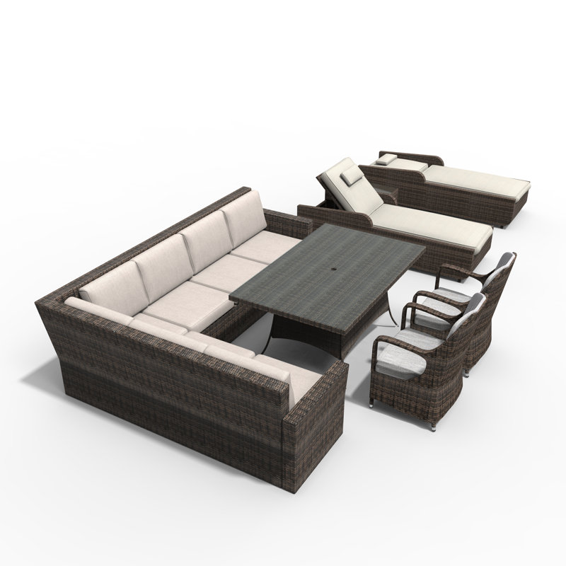 Ensemble de conversation modulaire en rotin 10 pièces avec coussins, Beige, Brun