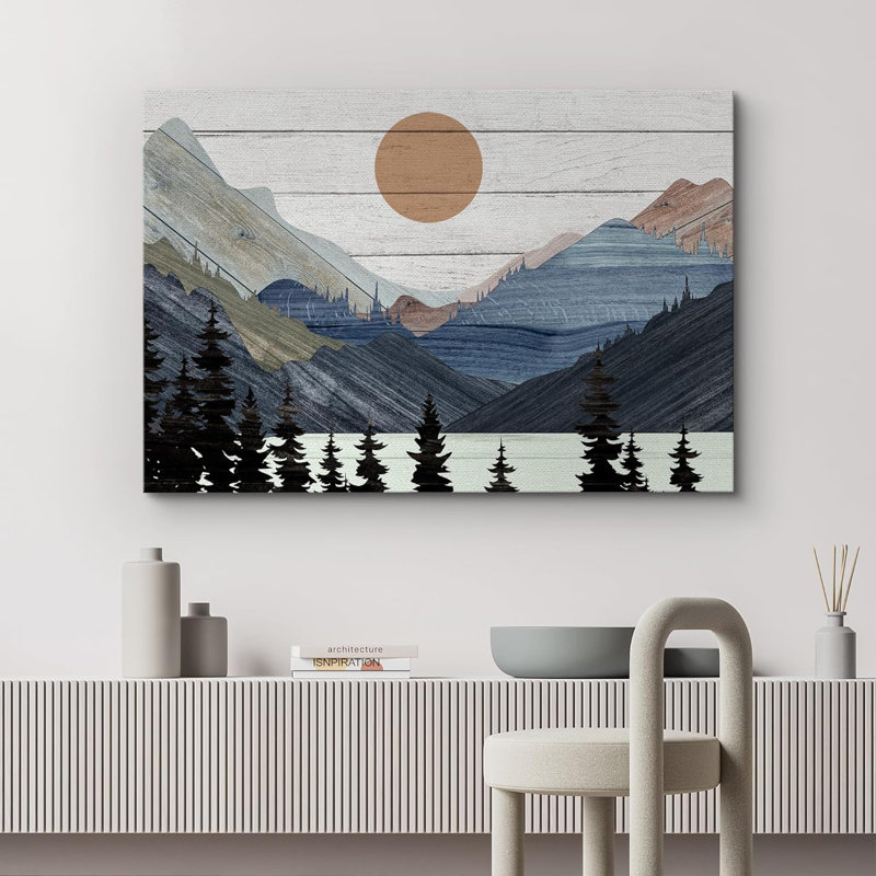 «Western Wood Effect Landscape Blue Mountain Pine Forest Nature Abstract Farmhouse Wall Decor Room», reproduction d'art sur toile