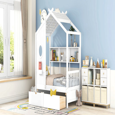 Lit en bois avec 2 tiroirs, lit pour enfant avec tablette de rangement