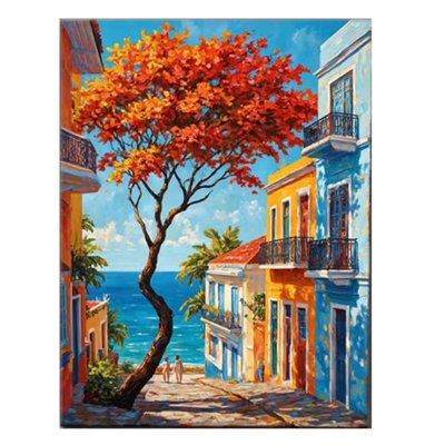 24*16，1pc Puerto Rico Old San Juan Wall Art Poster - Tropical Caribbean Street Scene with Yellow, Framed Wrapped Canvas.
