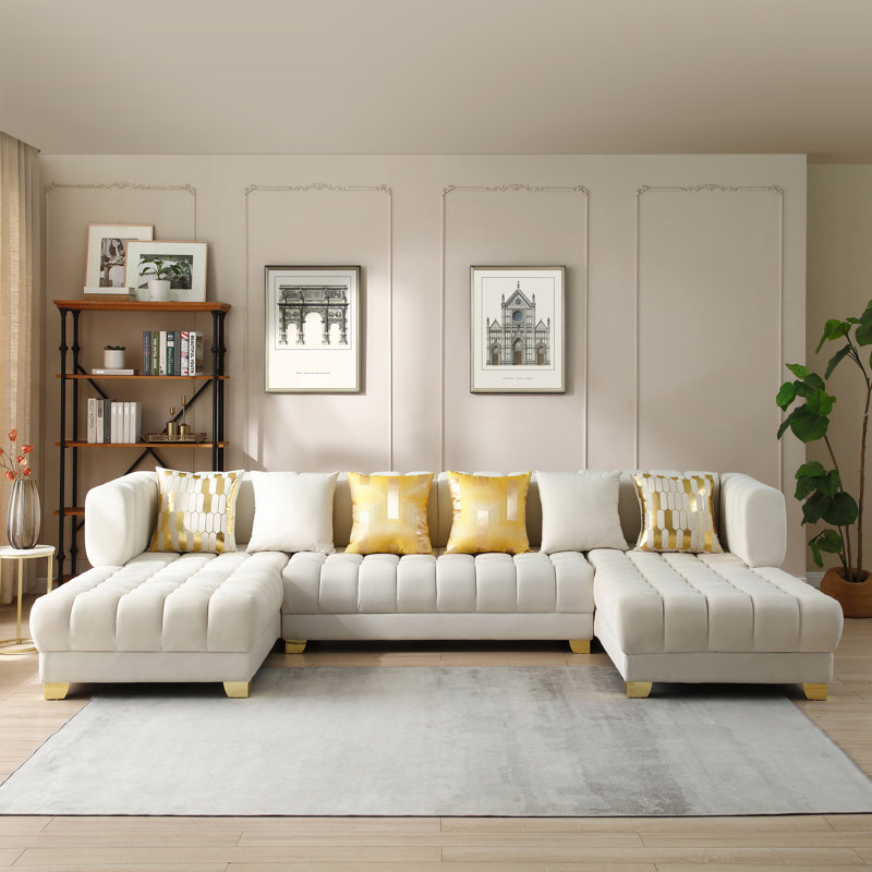 Canapé modulaire double en U Addilyn Marigold Velvet, Velours crème