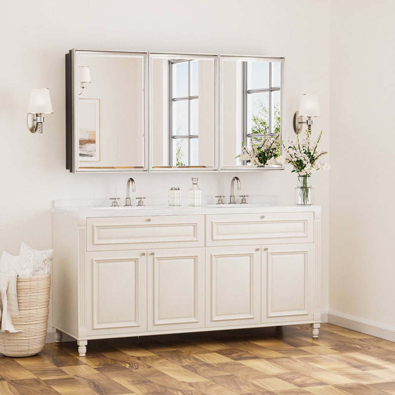 Chouchanik Recessed and Surface Framed 3 Door Medicine Cabinet with Mirror and Shelves, 30" H x 60" W x 5.2" D, Nickel
