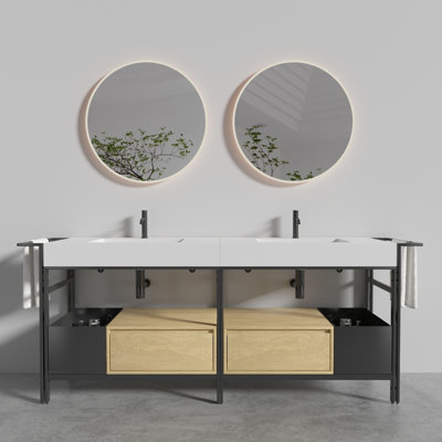 Meuble-lavabo industriel modulaire de 72 pouces avec vasque de 5,1 po, poignées dissimulées et installation en bout de couleur chêne, fabrication de haute précision, structure en métal robuste, rangement ouvert, fermeture en douceur