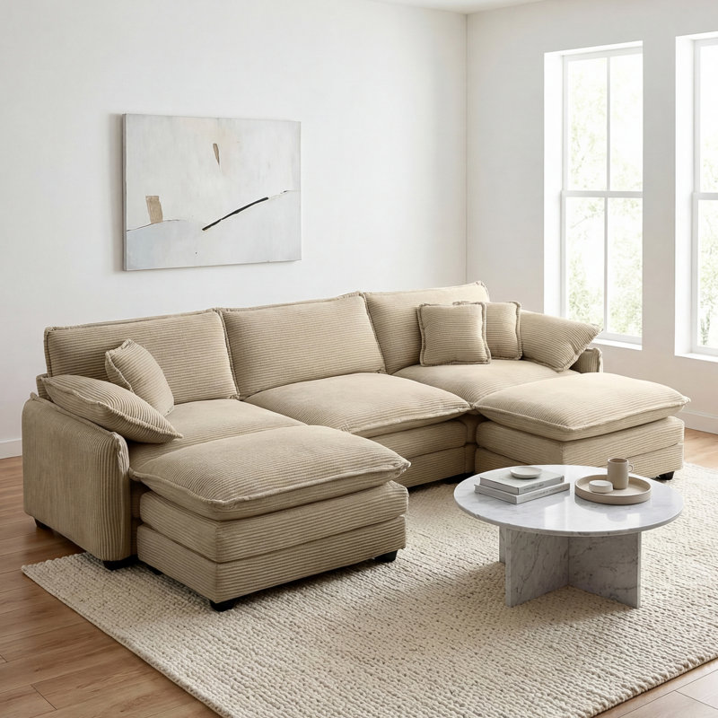 Kaoruko Oversized Modular Cushioned Sofa With Conversible Ottoman, 3-seater Sofa With 2 Footstools, Beige