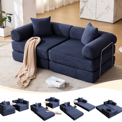 Lit convertible modulable en velours côtelé bleu, idéal pour les petits espaces d'appartement, aucun assemblage requis, pliage en velours côtelé avec design, petits espaces résidentiels, cadre fixe.
