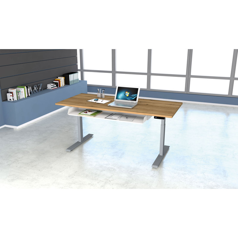 Move Adjustable Metal Base Standing Desk, Aluminium Silver, Oak, 127cm H x 100cm W x 60cm D