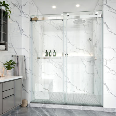 Porte de douche sans cadre KAVRTON de 56 à 61 po x H 72 po KAVRTON, porte de douche coulissante double en chrome, verre trempé transparent de 3/8 po (10 mm) certifié SGCC avec barre à serviettes et poignée