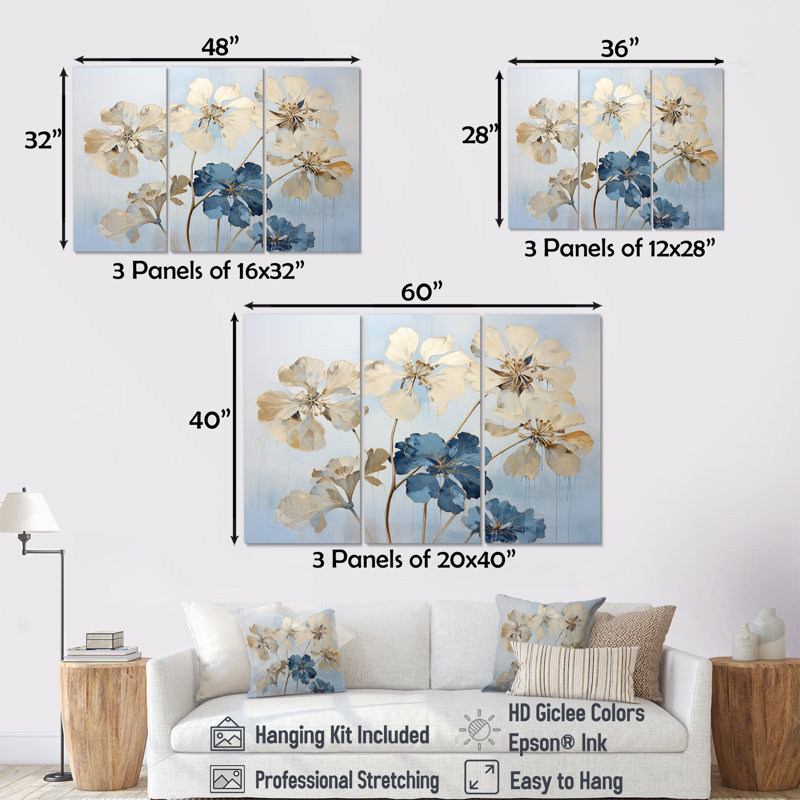 «Beige et bleu», impression d'art mural géraniums, H 32 po x l 48 po x P 1 po