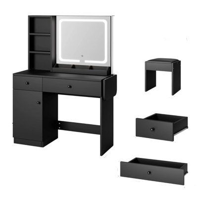 Ensemble de coiffeuse noire avec miroir et lumières, ensemble de table de maquillage avec chaise et tablettes de rangement pour la chambre à coucher