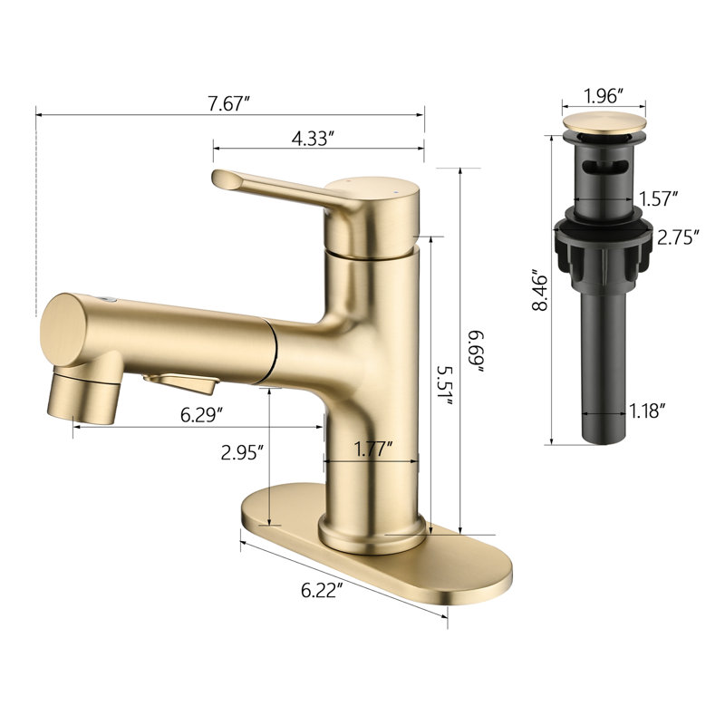 Robinet de salle de bain en acier inoxydable - escamotable en or brossé, bouchon de bonde escamotable et plaque de pont inclus