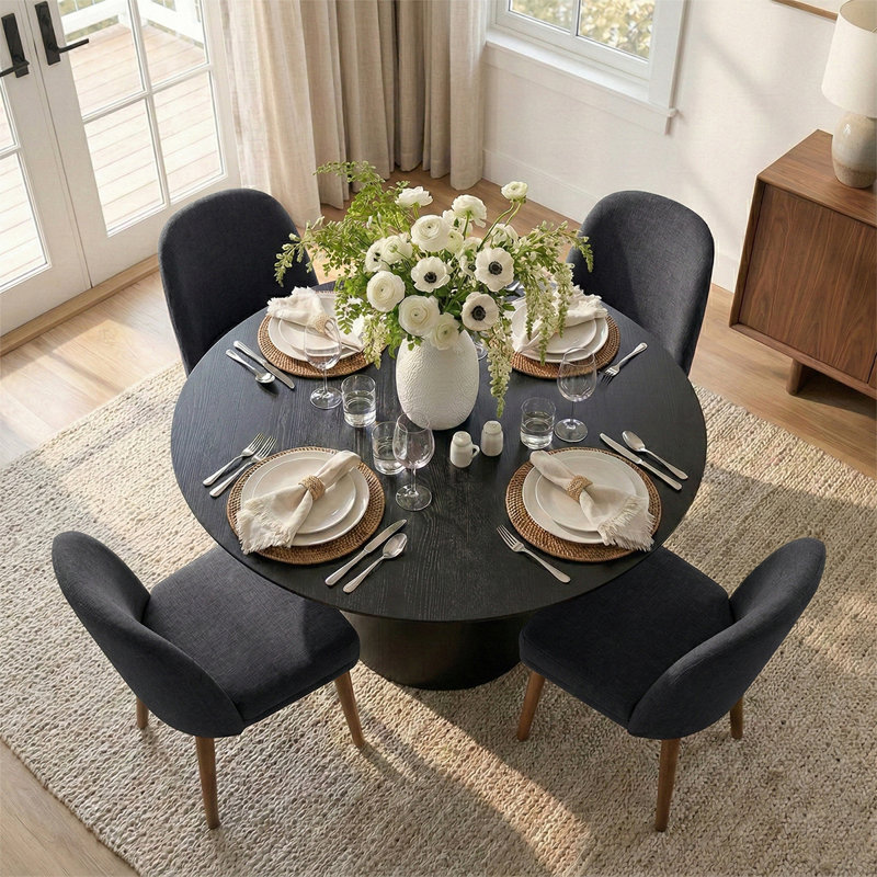 Ensemble de salle à manger moderne de 5 pièces pour 4 personnes avec table ronde noire à pied central de 42 pouces et 4 chaises de salle à manger rembourrées