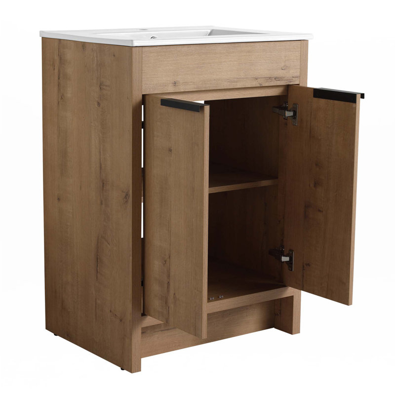 Meuble-lavabo autoportant avec lavabo en céramique, Chêne, Blanc
