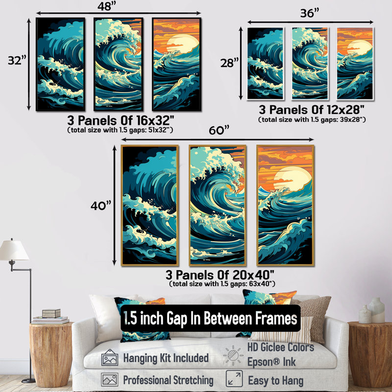 Vagues japonaises dans une tempête II - art mural tropical côtier, Cadre flottant blanc, H 28 po x l 36 po x P 1 po