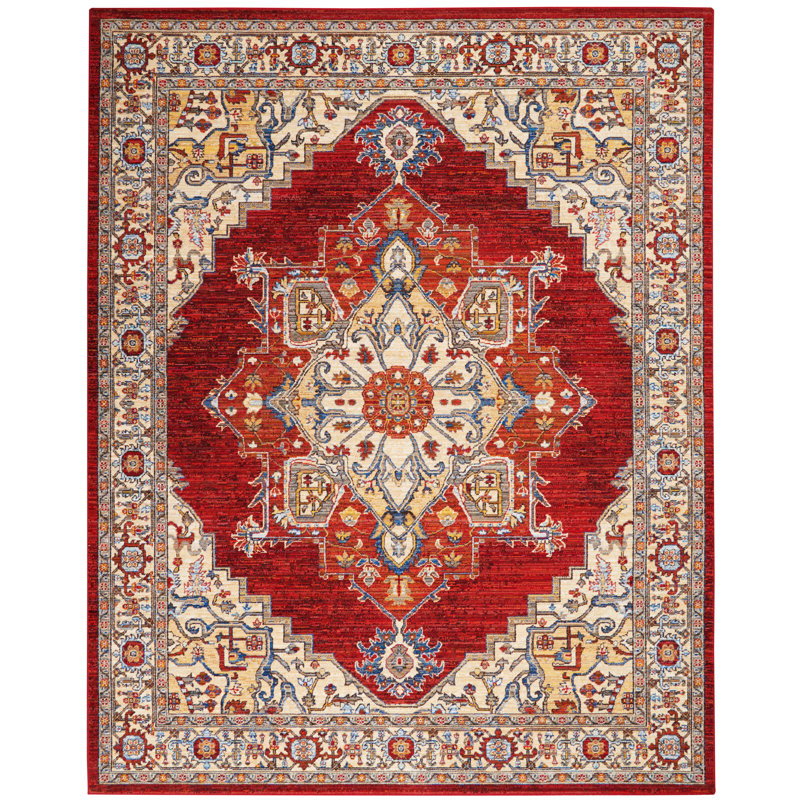 Tapis rouge / ivoire en laine Goncalo, Rectangle 8 pi 6 po x 11 pi 6 po