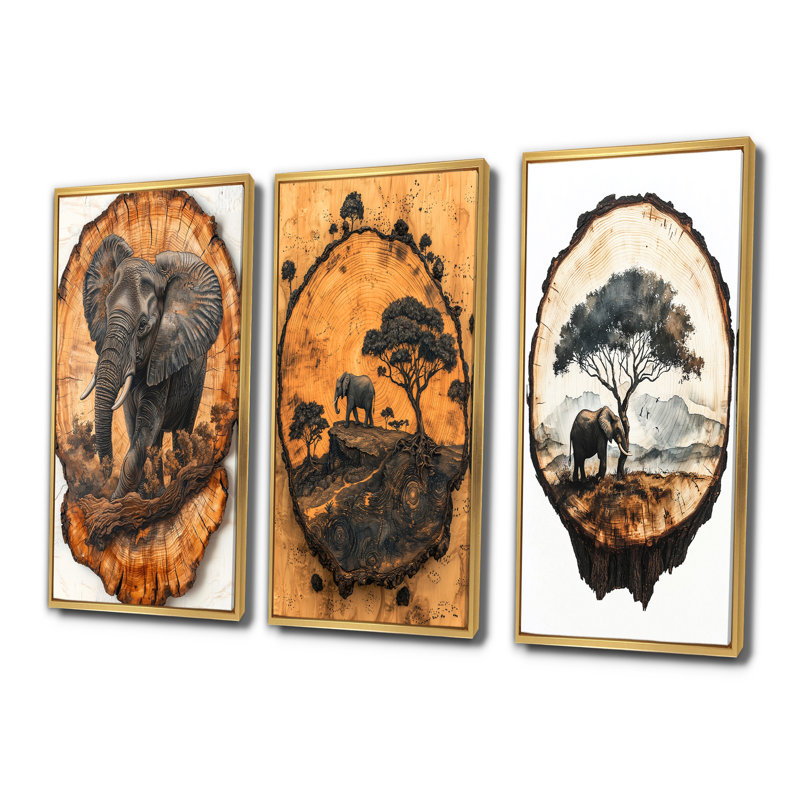 Éléphant sous le baobab glissoire en bois I - Collection de décorations murales éléphant jaune, H 28 po x l 36 po, Doré