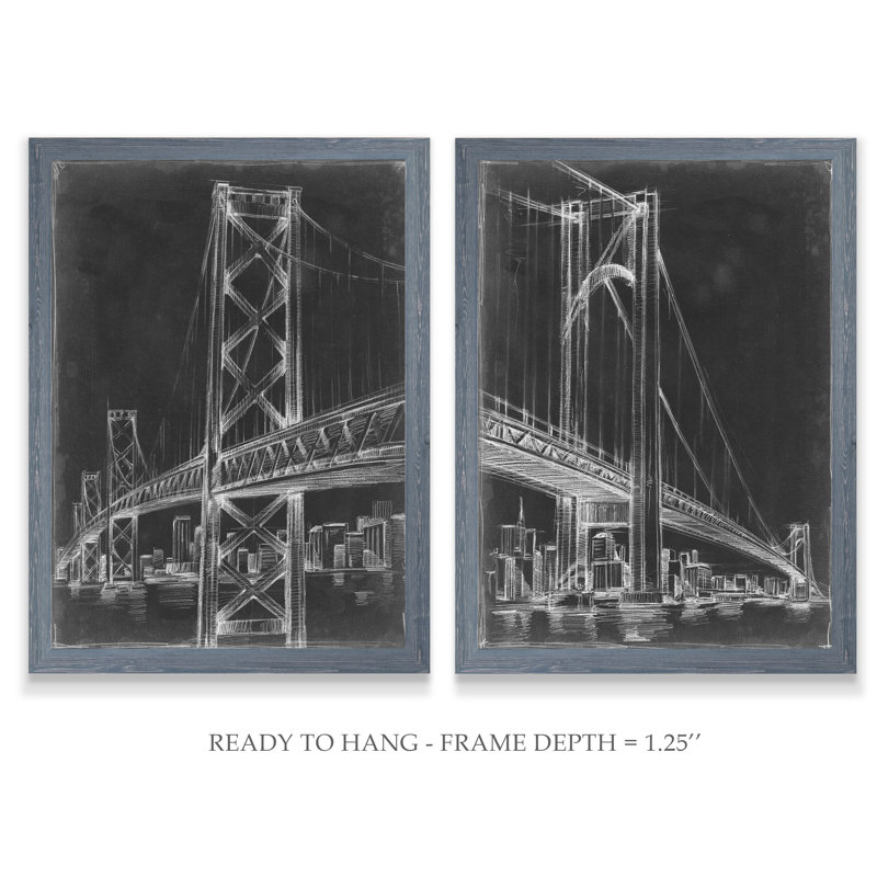 «Suspension Bridge Blueprint I», ensemble de 2 reproductions de dessins encadrés, H 20 po x l 16 po x P 1,25 po, Pas de tapis