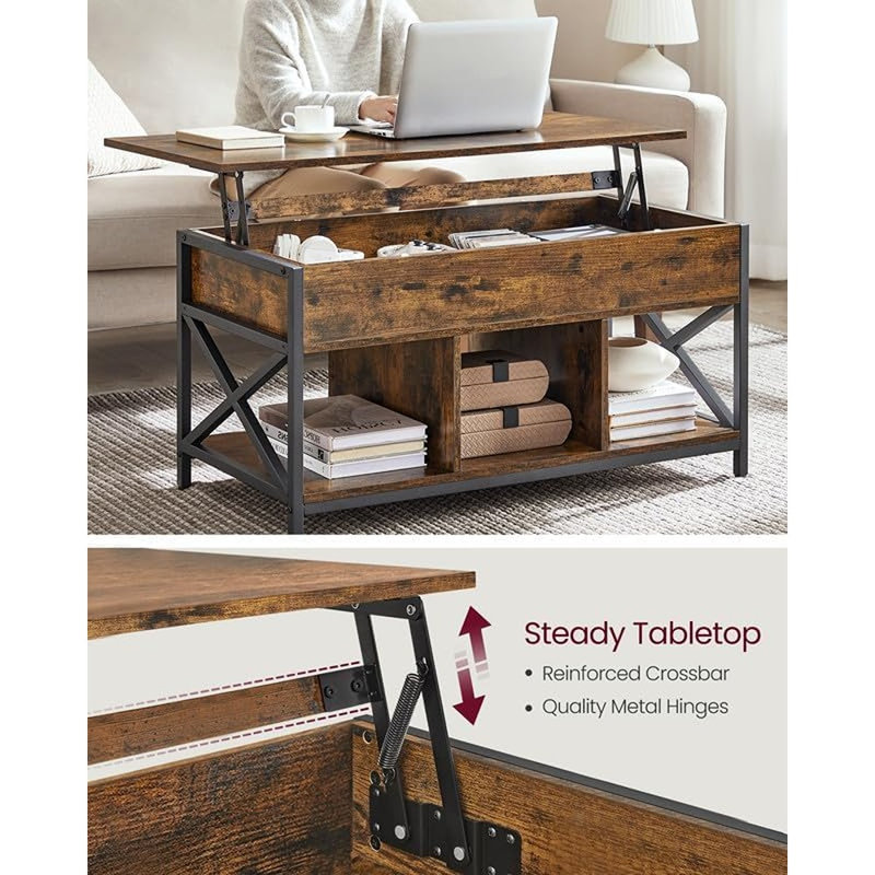 Table basse avec rangement caché, tablette et hauteur réglable - brun rustique