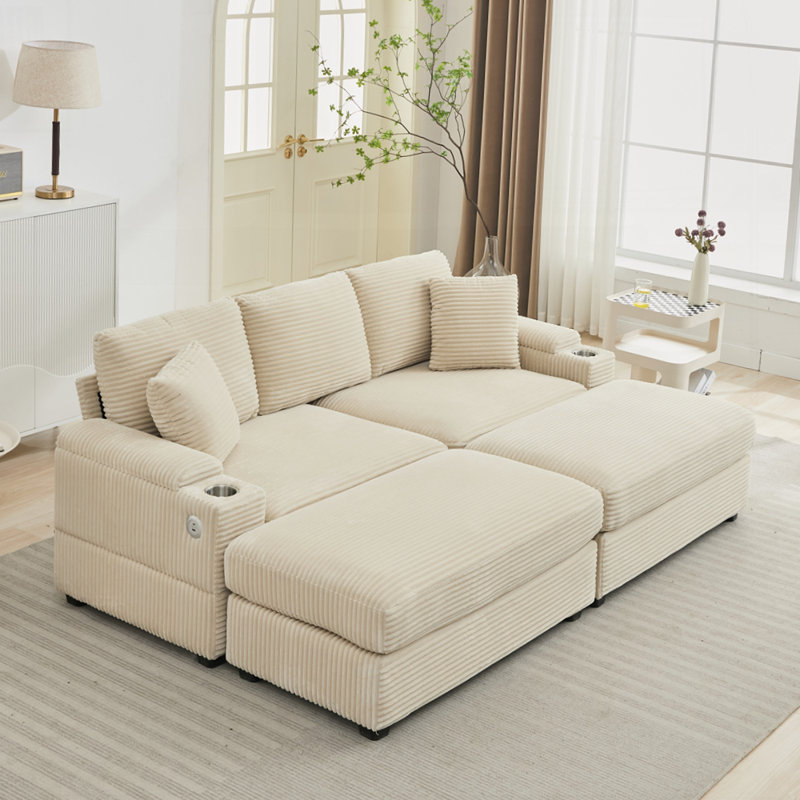 Ensemble de canapé-lit modulaire convertible combiné avec accoudoirs avec porte-gobelet en acier inoxydable et sièges profonds pour salon