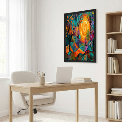 Art mural sur toile, arbres colorés et soleil tourbillonnant