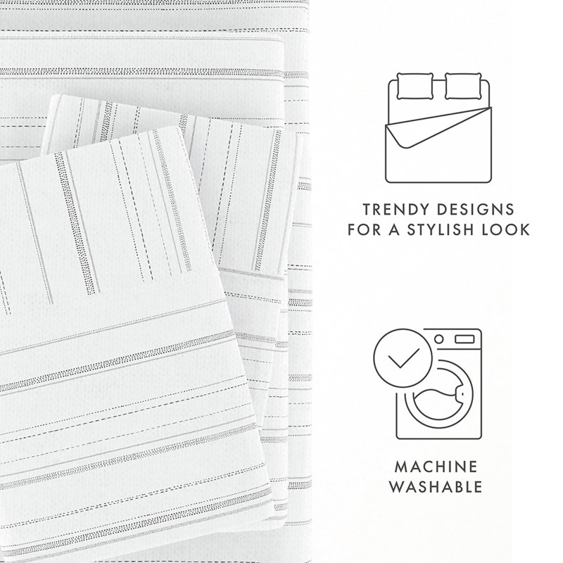 Ensemble de draps 100% coton, Ensemble de draps pour taille de lit très grand c, Rayures grises délavées
