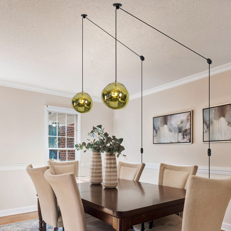 Suspension globe à cordon réglable - Abat-jour en PE doré avec effets miroir et lave, éclairage d'îlot pour chambre, décoration intérieure élégante
