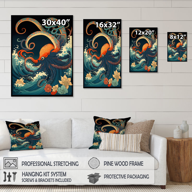 Paysage japonais avec pieuvre V - Japon, art mural, H 32 po x l 16 po x P 1 po, Toile tendue