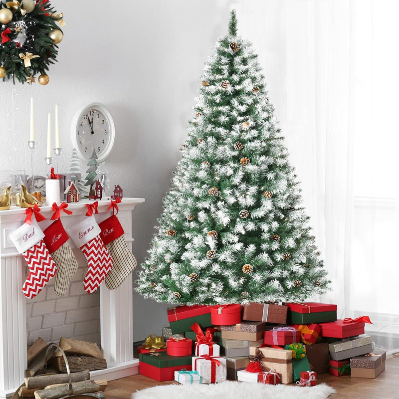 Arbre de Noël artificiel givré 6 pi avec pin et arbre de Noël coneréaliste non éclairé avec 800 extrémités en PE + PVC, arbre de Noël articulé à mémoire de forme avec base en métal pour les fêtes, fêtes