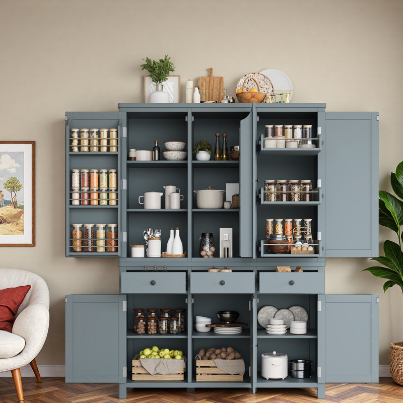 Garde-manger autoportant Farmhouse avec tablettes de porte, tablettes réglables, plateaux coulissants et tiroirs, Grey