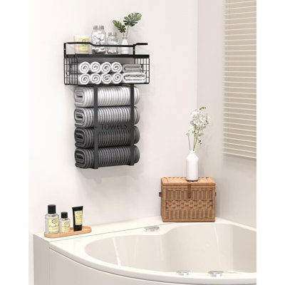 Wall-Mounted Black Wood Towel Rack With Shelf, Bathroom Storage Organizer For Small Spaces
