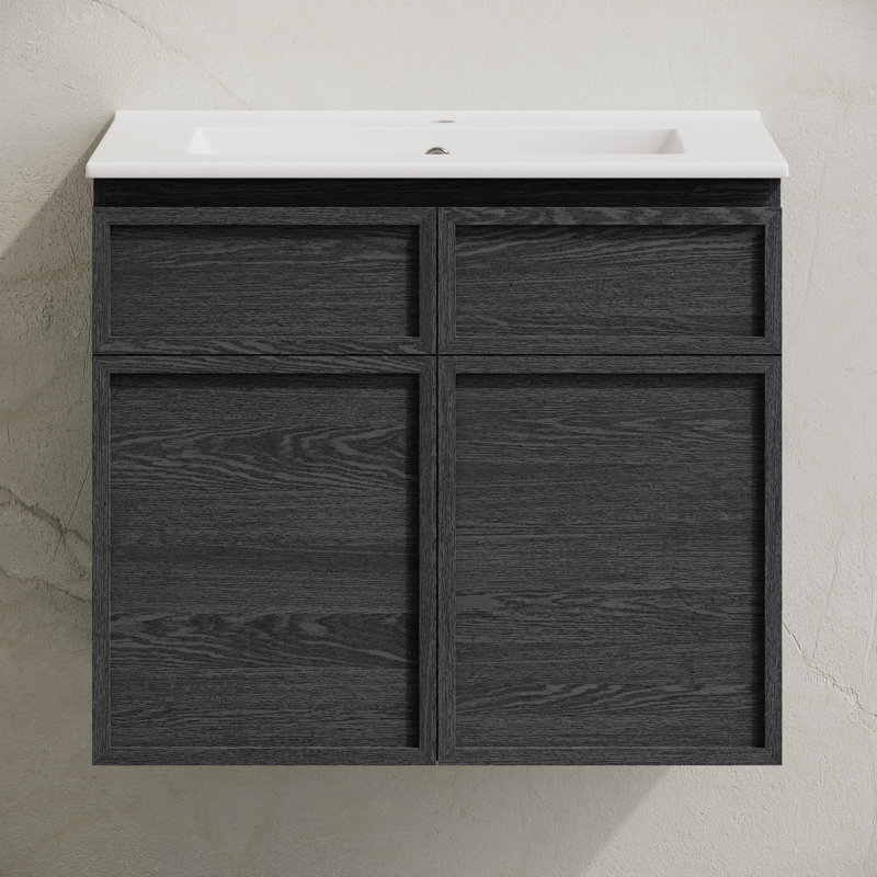 St. Tropez 24" Wall-Mounted Bathroom Vanity In Black Oak With Sink Top, Black, White, 24"