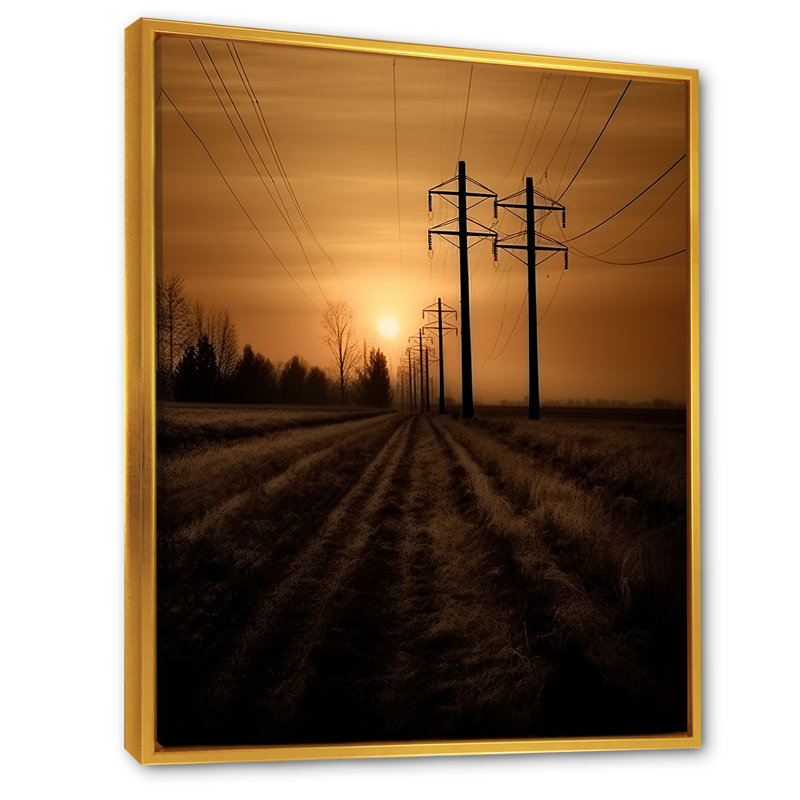 «Power Lines Minimalisme Scenery Sunset I», reproduction sur toile, H 32 po x l 24 po x P 1 po, Cadre flottant doré