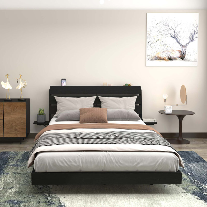 Cadre de lit flottant grand avec lumières DEL et station de charge, cadre de lit grand en bois avec tête de lit, aucun sommier requis, assemblage facile