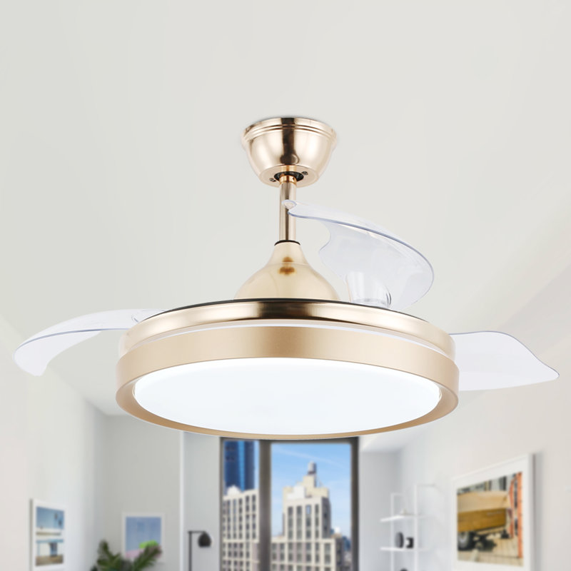 42" Retractable Ceiling fan with Light, 6-Speed Latest DC Motor Remote Control Ceiling Fan, Gold with Transparent Blades