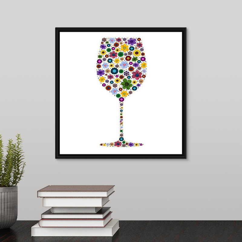 « wine glass party ii », peinture sur toile, H 13,7 po x l 13,7 po x p 1,75 po, Cadre flottant noir