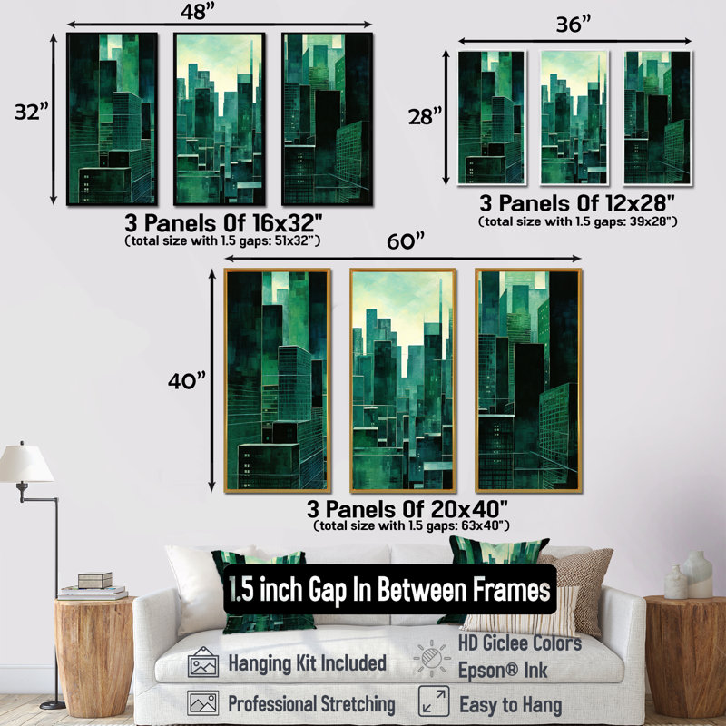 «Jade Juxtaposition Green Skyscraper Cityscape» - ensemble d'art mural sur toile gratte-ciel, Cadre flottant doré